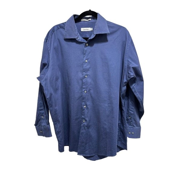 4/$20 Calvin Klein Long Sleeve‎ Button Up Shirt Mens 17 32/33 Blue Cotton Lastol - Picture 1 of 7